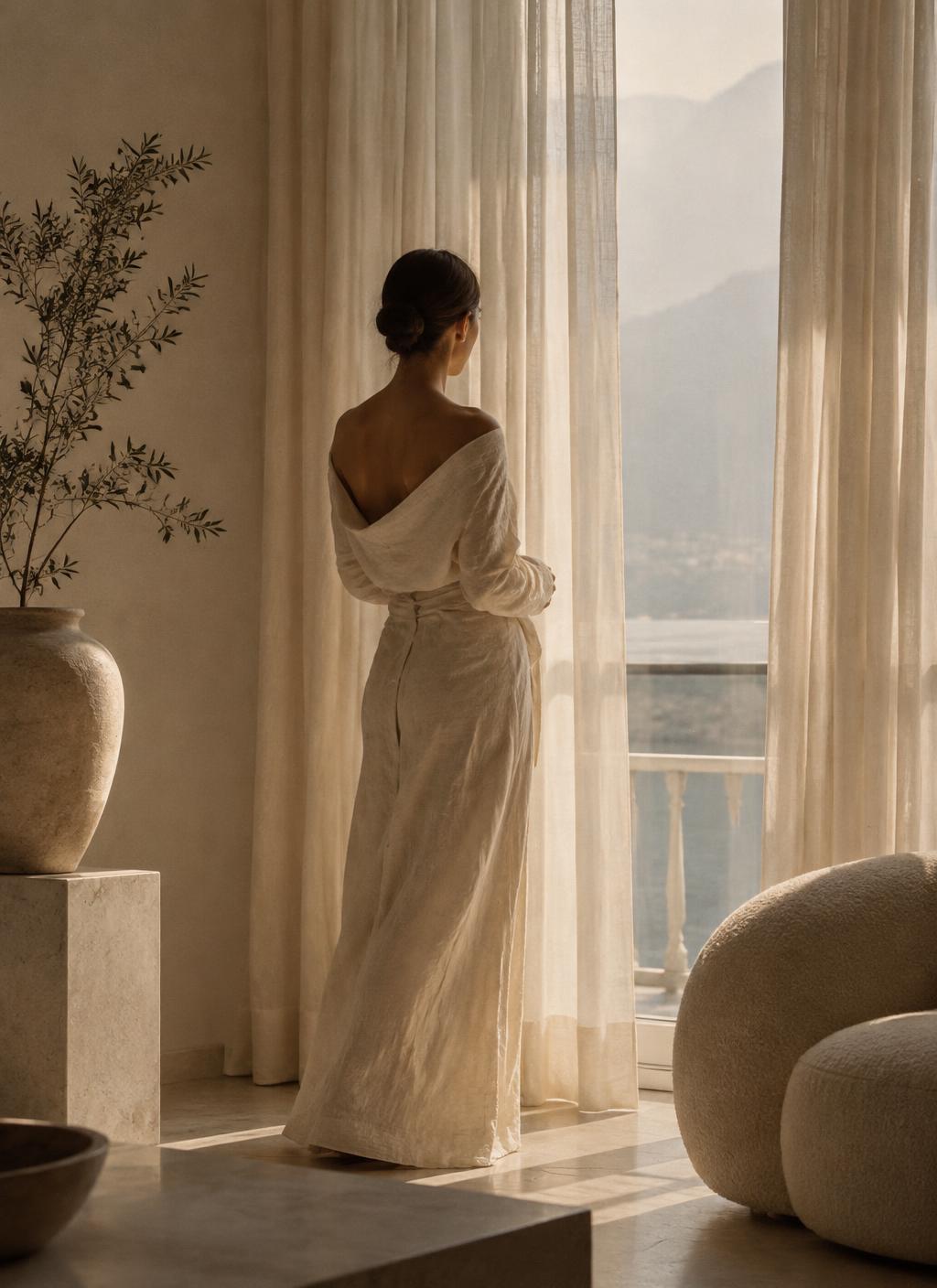 Frau in Leinen am Fenster im warmen Morgenlicht